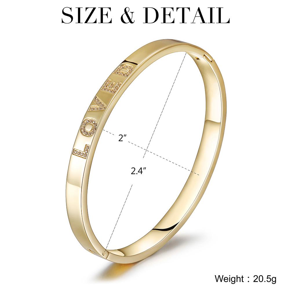 A beautiful Forever Loved Bangle Bracelet made of 316L surgical stainless steel with 14K gold PVD plating, showcasing its elegant design.