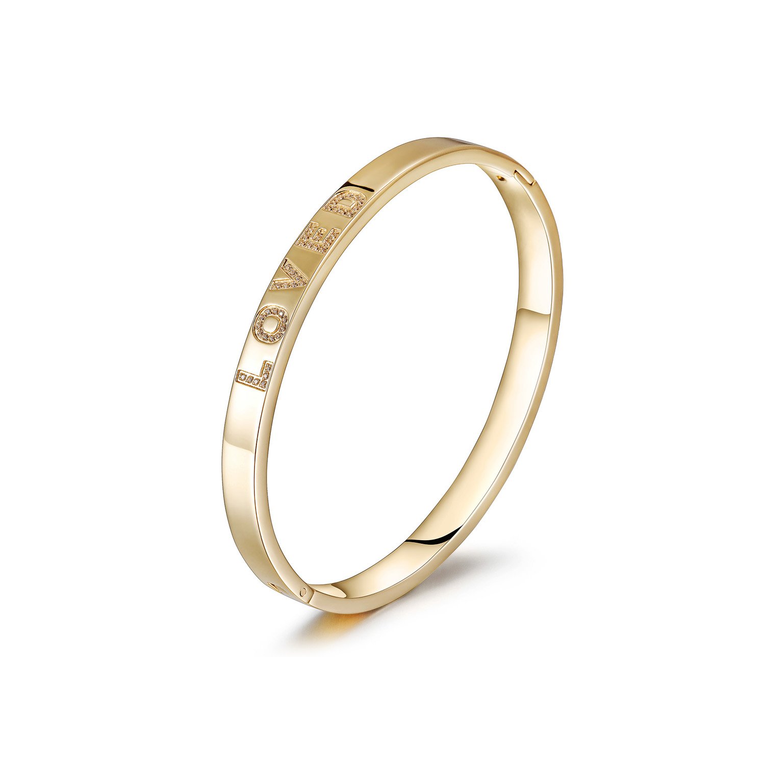 A beautiful Forever Loved Bangle Bracelet made of 316L surgical stainless steel with 14K gold PVD plating, showcasing its elegant design.