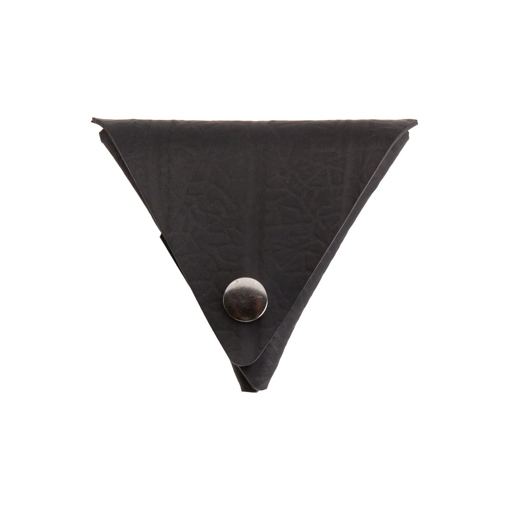 Frank Recycled Rubber Vegan Coin Pouch, handcrafted from upcycled inner tubes, featuring a metal button fastening and unique patterns.