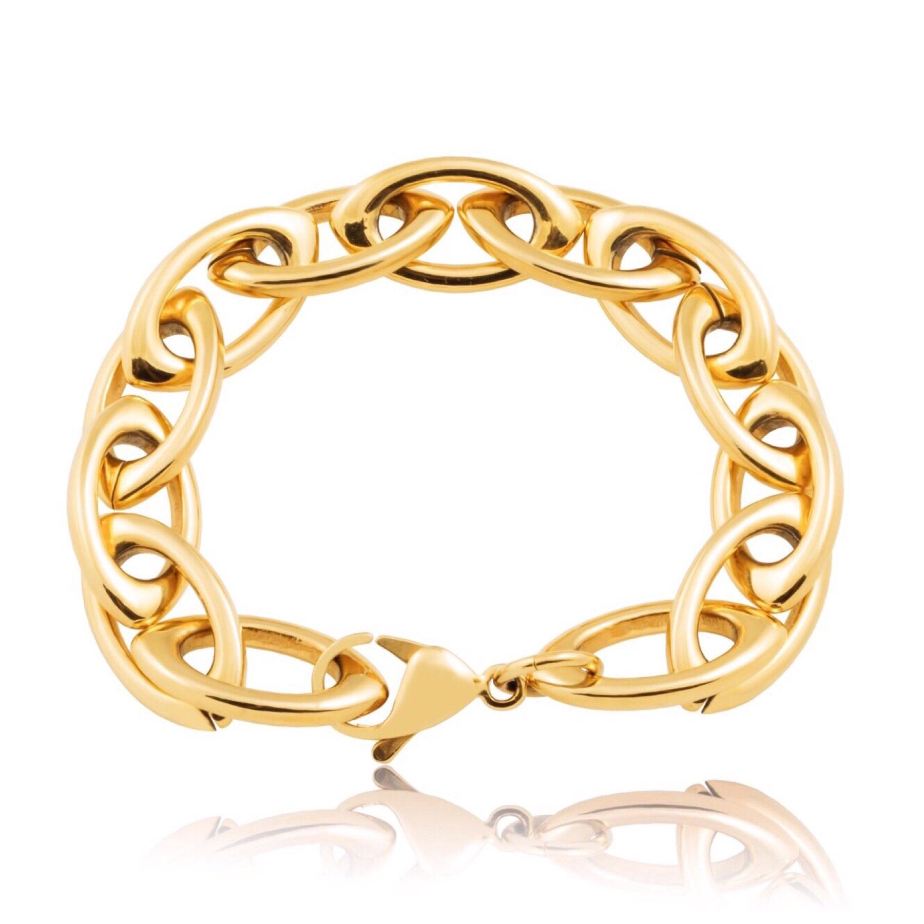 Frankie Oval Link Bracelet featuring 18k gold plated stainless steel with lobster clasp closure and adjustable length.