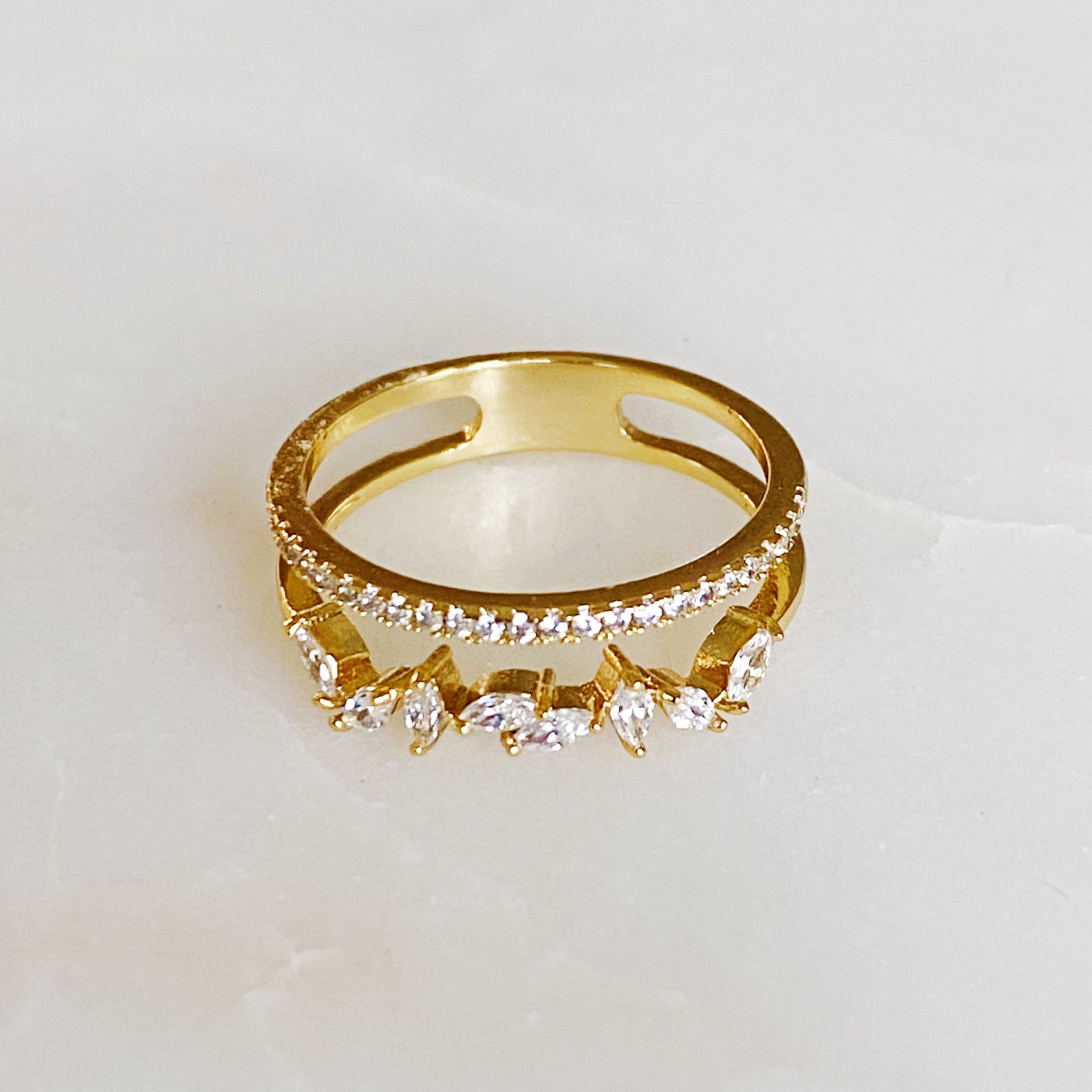 French Romance Jeweled Ring featuring a double band design with sparkling jewels, crafted from 18k gold plated stainless steel.