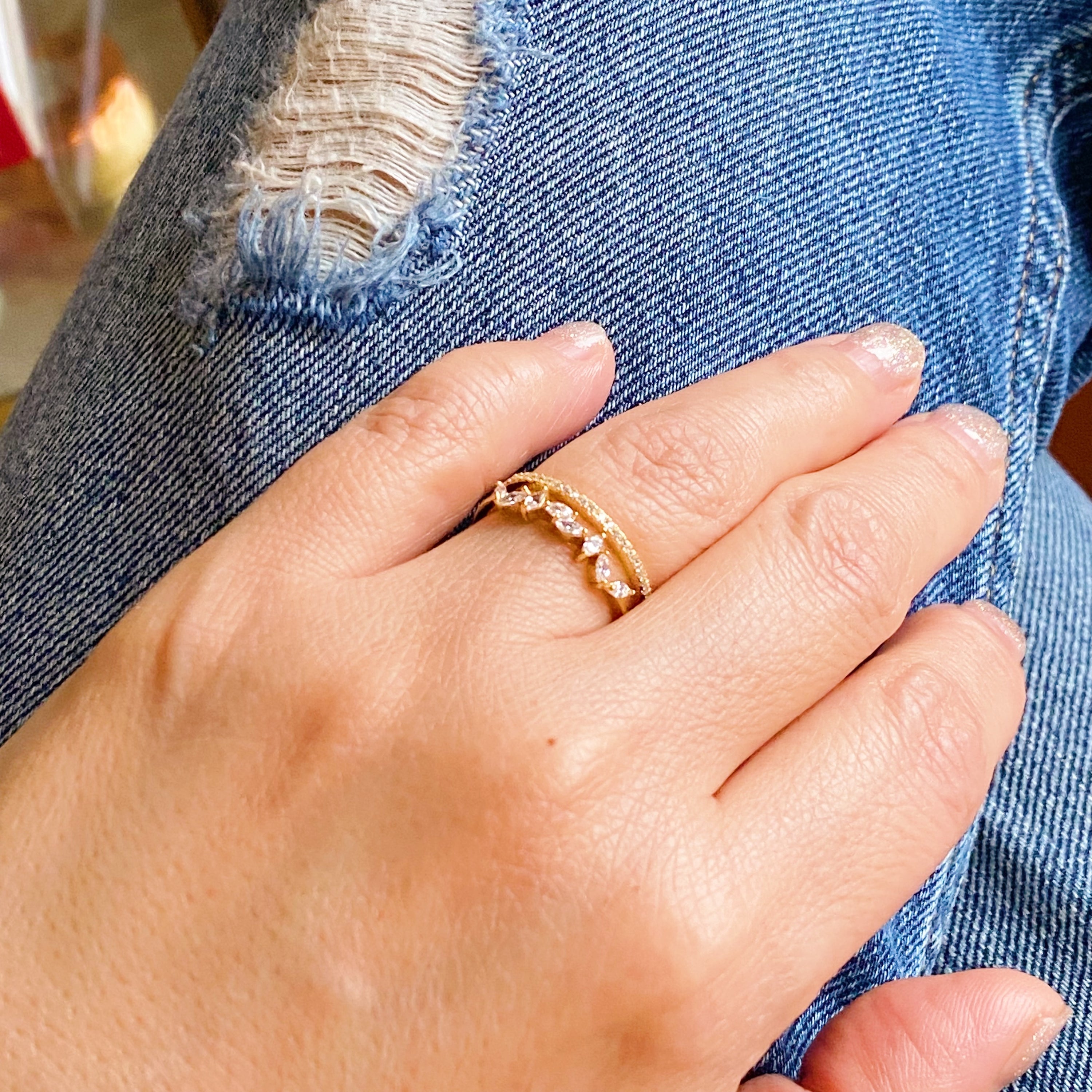 French Romance Jeweled Ring featuring a double band design with sparkling jewels, crafted from 18k gold plated stainless steel.