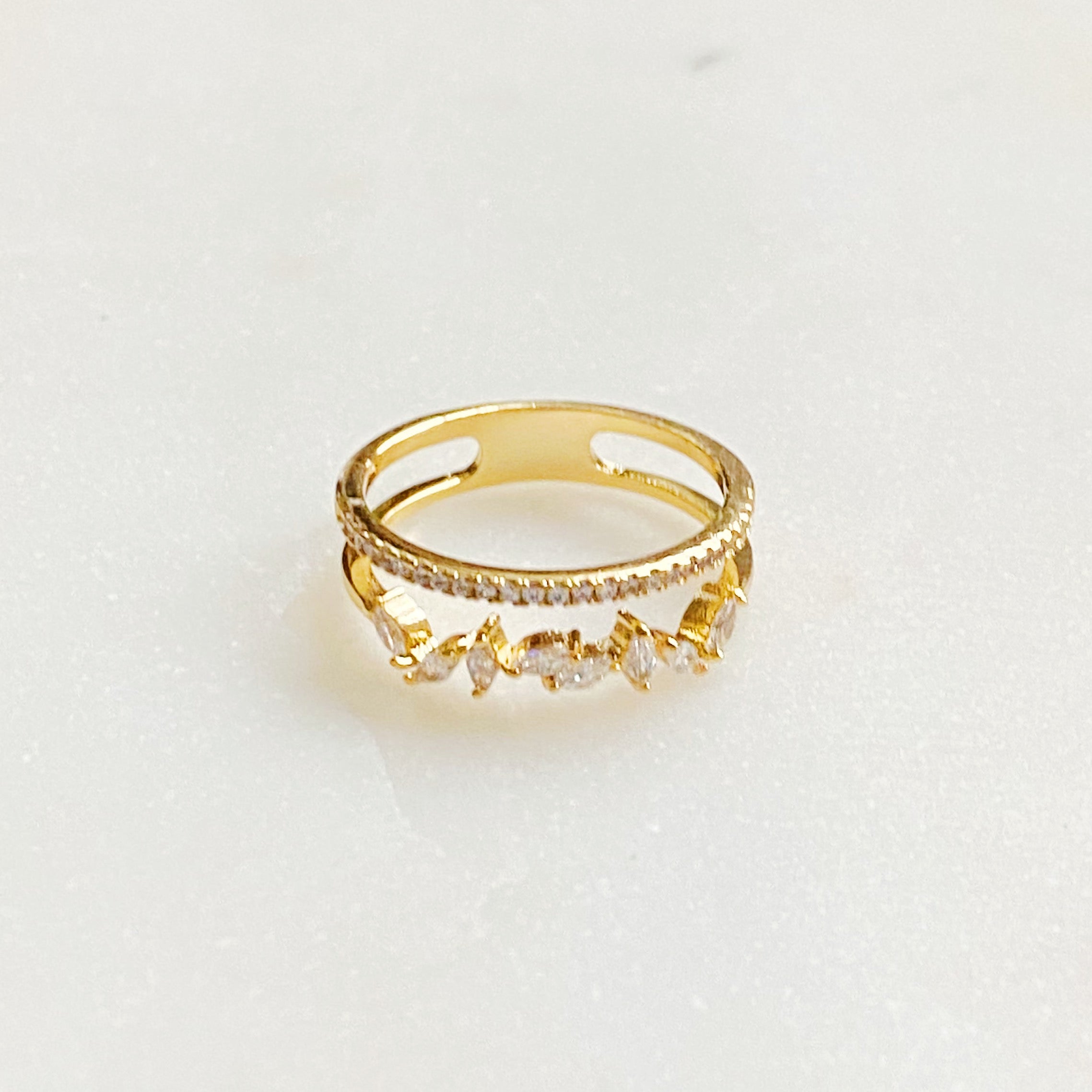 French Romance Jeweled Ring featuring a double band design with sparkling jewels, crafted from 18k gold plated stainless steel.