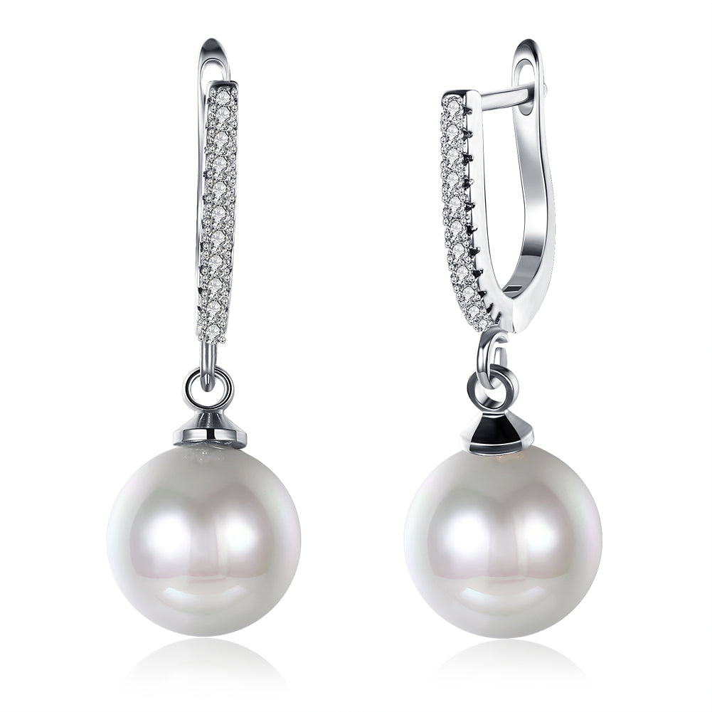 Elegant Freshwater Pearl Drop Earrings in 18K Gold Plated with sparkling crystals, displayed in a white gift box.