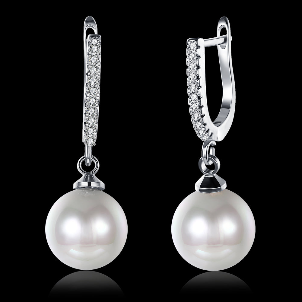 Elegant Freshwater Pearl Drop Earrings in 18K Gold Plated with sparkling crystals, displayed in a white gift box.