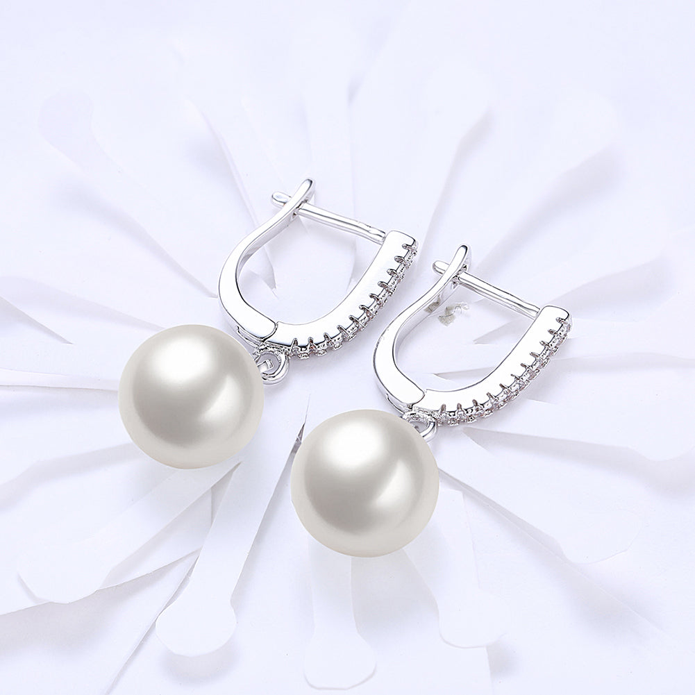 Elegant Freshwater Pearl Drop Earrings in 18K Gold Plated with sparkling crystals, displayed in a white gift box.