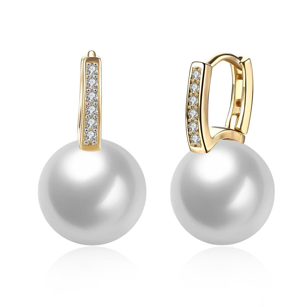 Elegant Freshwater Pearl Huggie Earring in 18K Gold Plated with sparkling crystals, displayed in a white gift box.