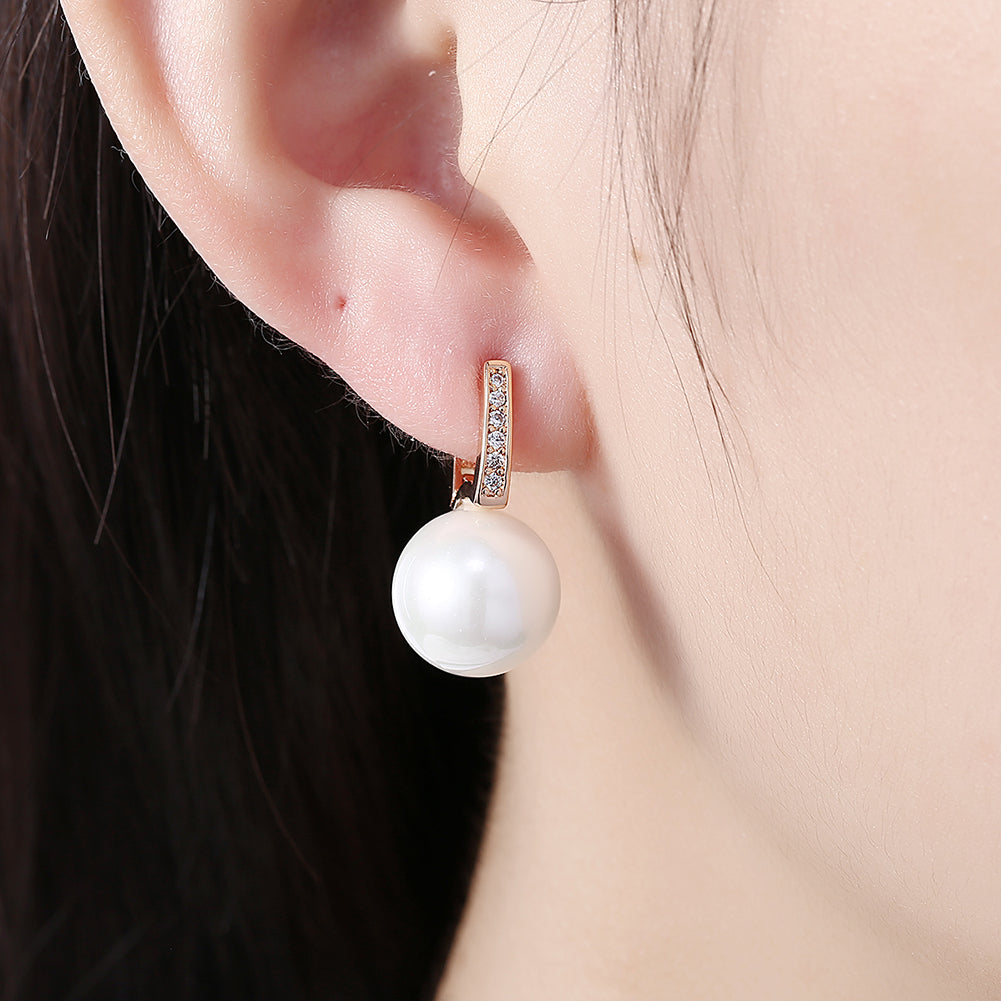 Elegant Freshwater Pearl Huggie Earring in 18K Gold Plated with sparkling crystals, displayed in a white gift box.