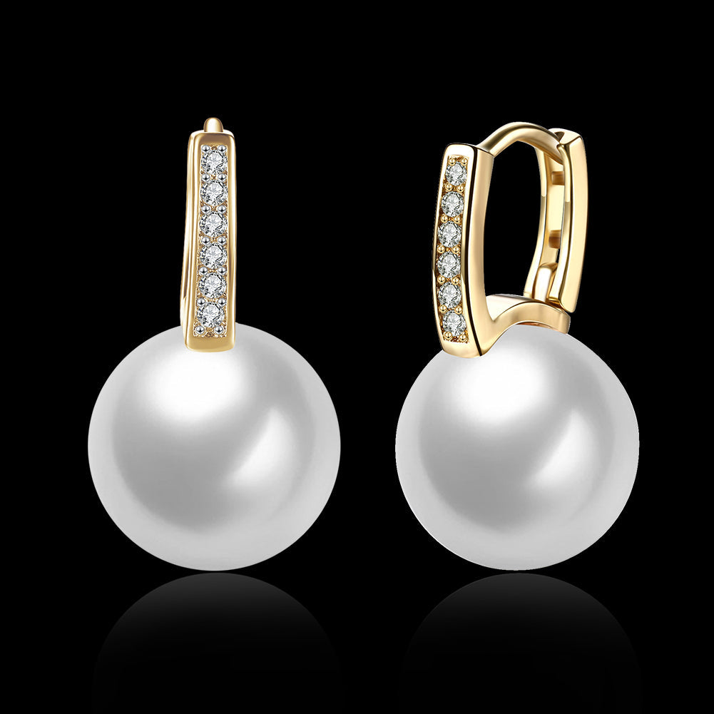 Elegant Freshwater Pearl Huggie Earring in 18K Gold Plated with sparkling crystals, displayed in a white gift box.