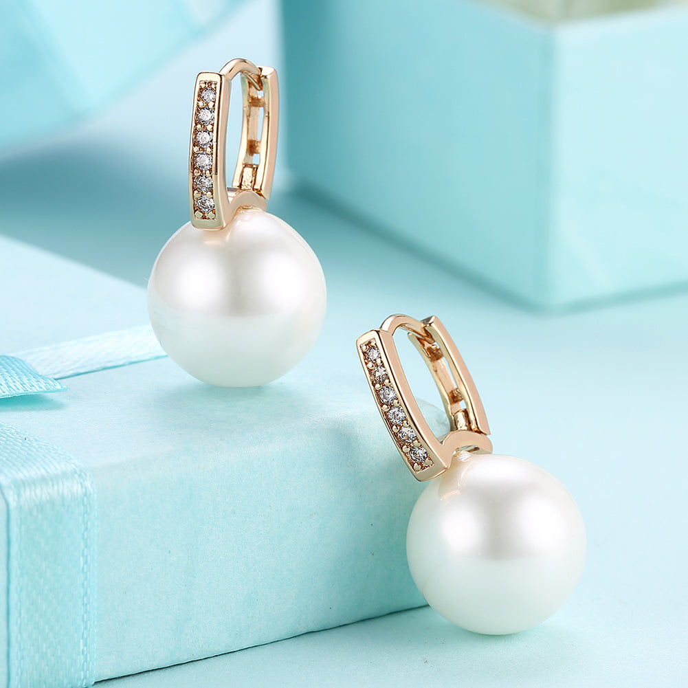 Elegant Freshwater Pearl Huggie Earring in 18K Gold Plated with sparkling crystals, displayed in a white gift box.