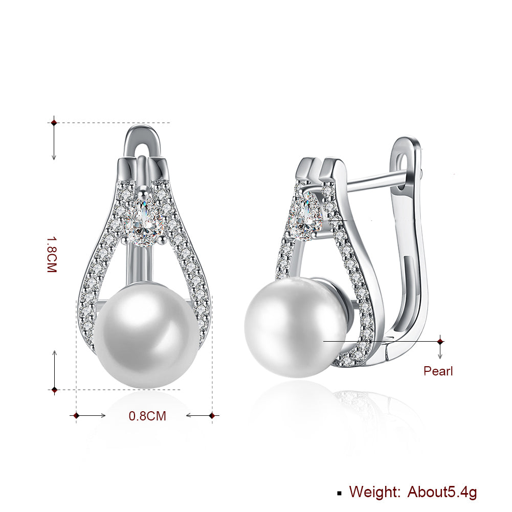 Elegant freshwater pearl leverback earrings in 18K white gold plating, showcasing their luxurious design and hypoallergenic features.