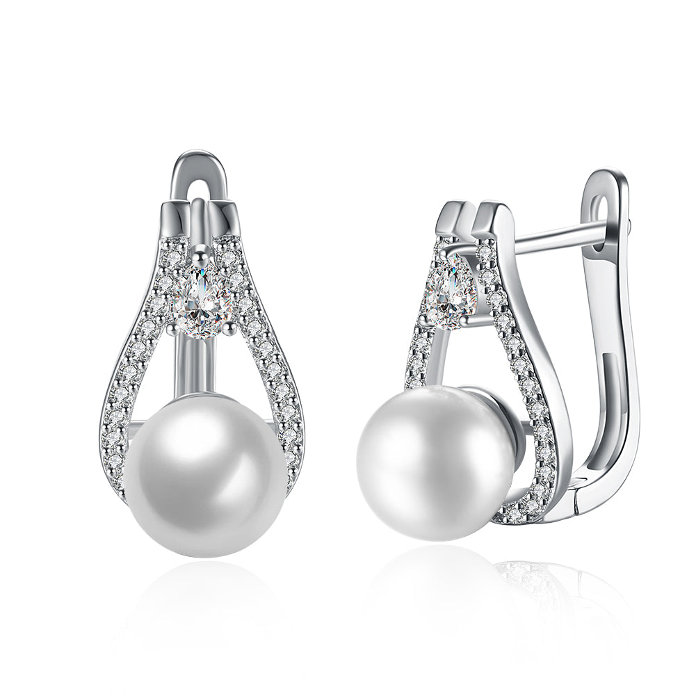 Elegant freshwater pearl leverback earrings in 18K white gold plating, showcasing their luxurious design and hypoallergenic features.