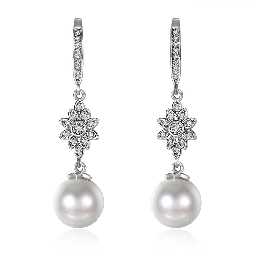 Elegant Freshwater Pearl Starburst Drop Earrings in 18K white gold plating, showcasing a stunning design with hypoallergenic features.