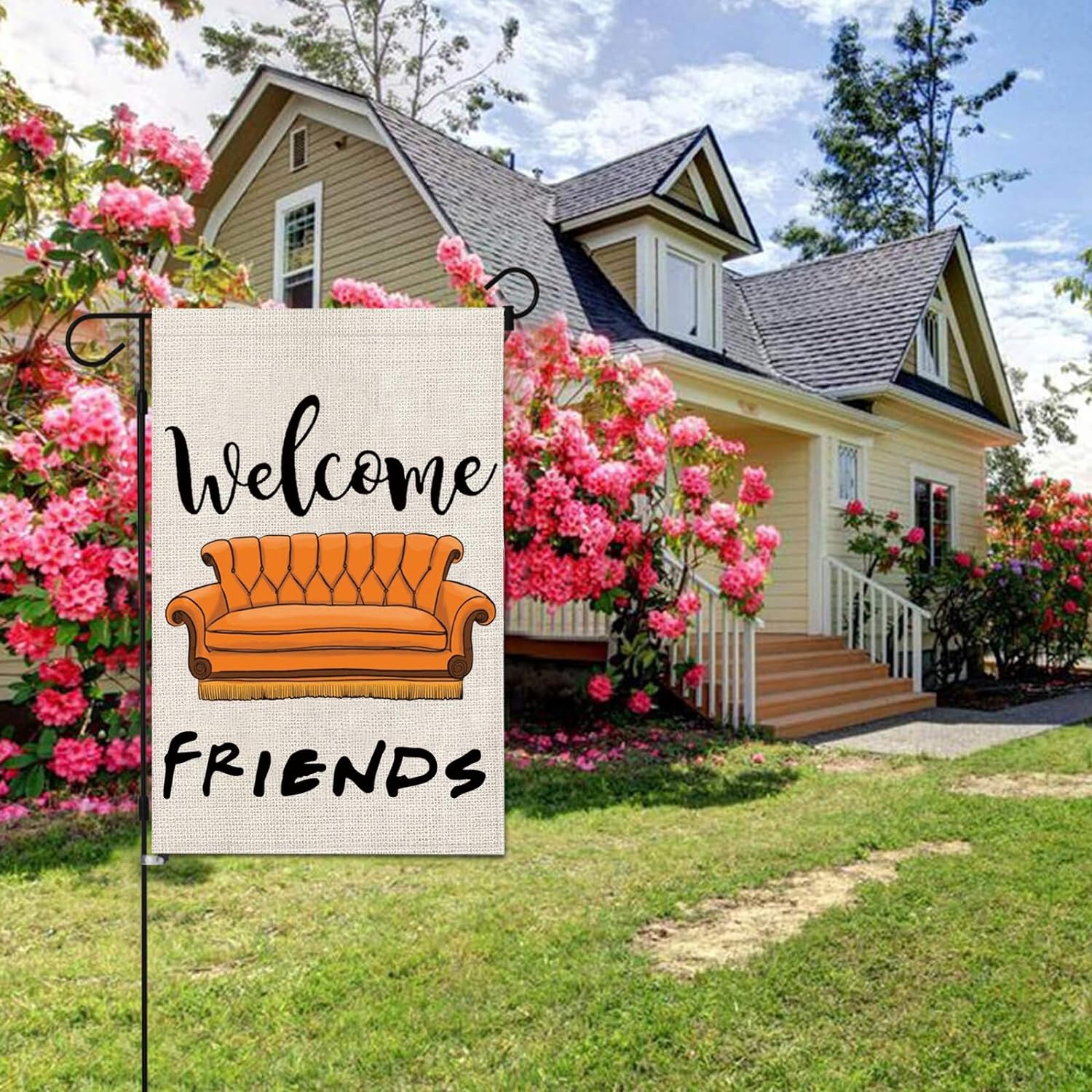 A double-sided Friends Welcome Friends Garden Flag made of durable burlap, measuring 17.7 inches by 11.8 inches, featuring vibrant colors and design.