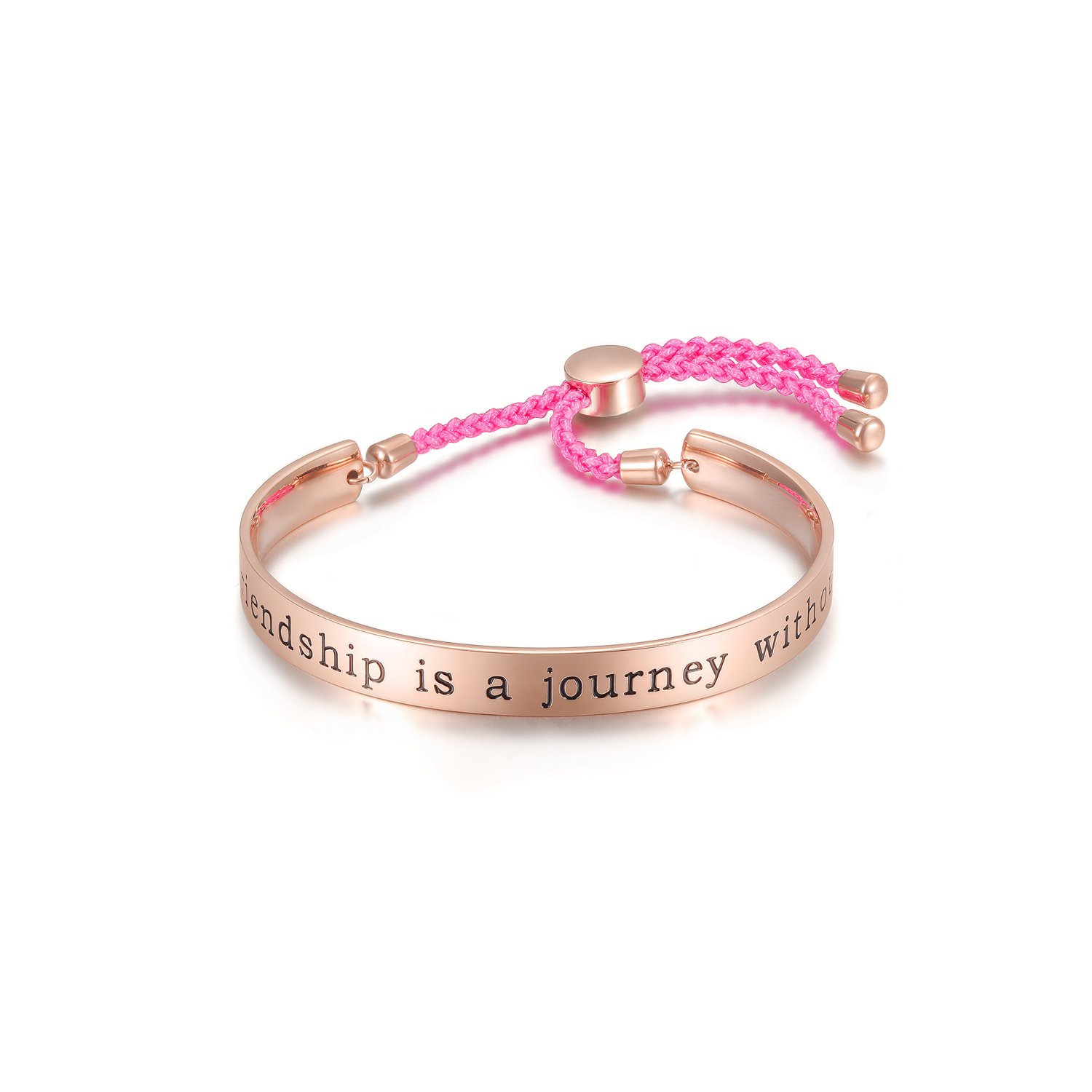 A stylish FRIENDSHIP BANGLE CUFF bracelet with an engraved charm reading 'A true friendship is a journey without an end', perfect for gifting.