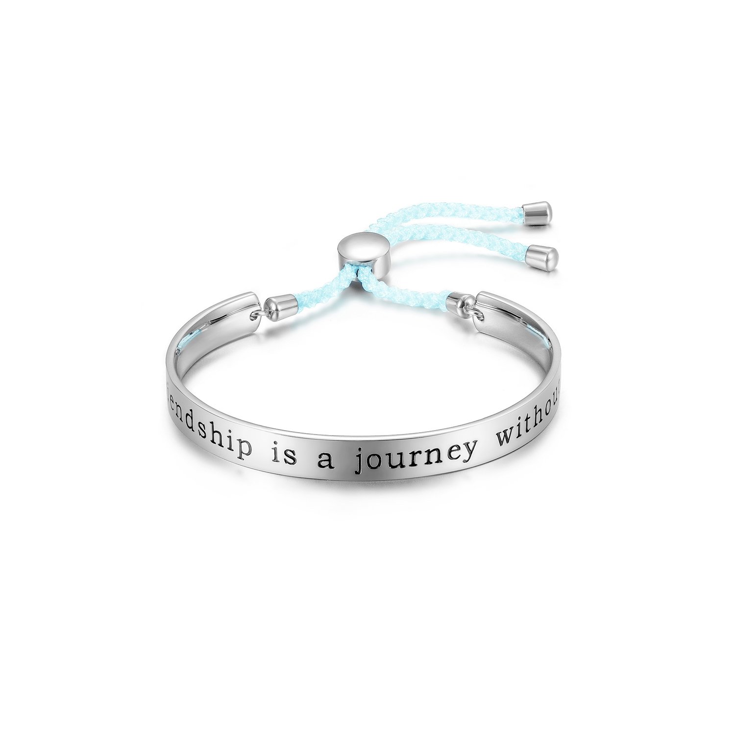 A stylish FRIENDSHIP BANGLE CUFF bracelet with an engraved charm reading 'A true friendship is a journey without an end', perfect for gifting.