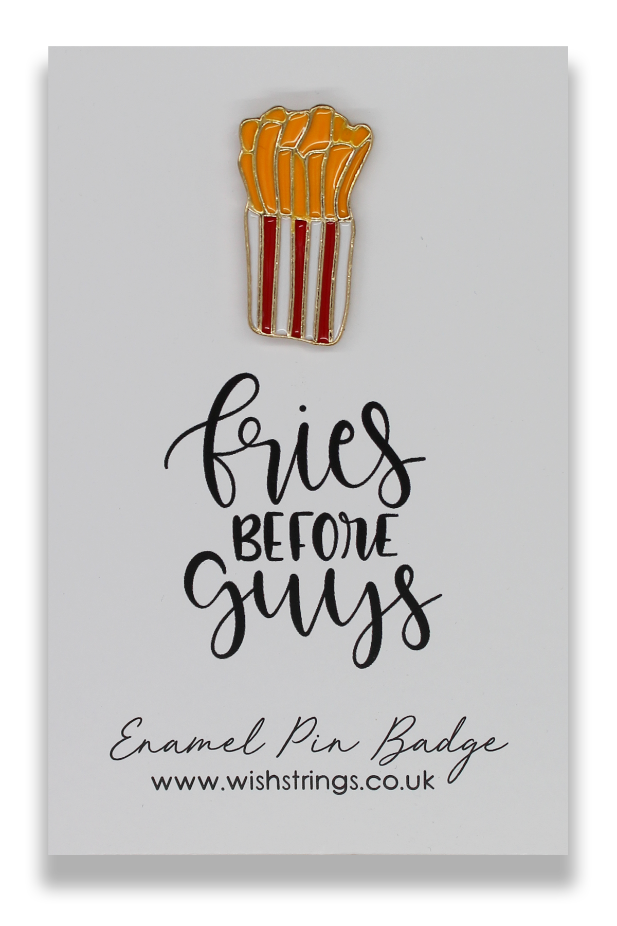 FRIES GUYS Pin Badge featuring quirky graphics and an inspirational gift card, perfect for jackets and handbags.