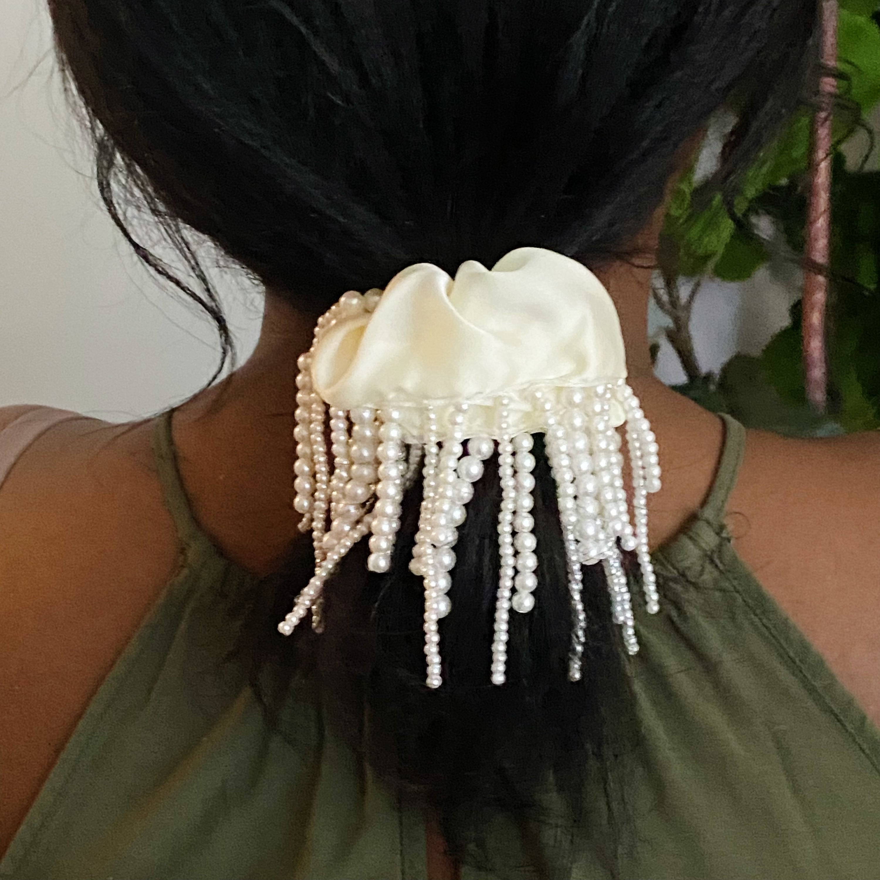 Fringed By Hand Hair Scrunch featuring pearl and bead details in elegant satin material.