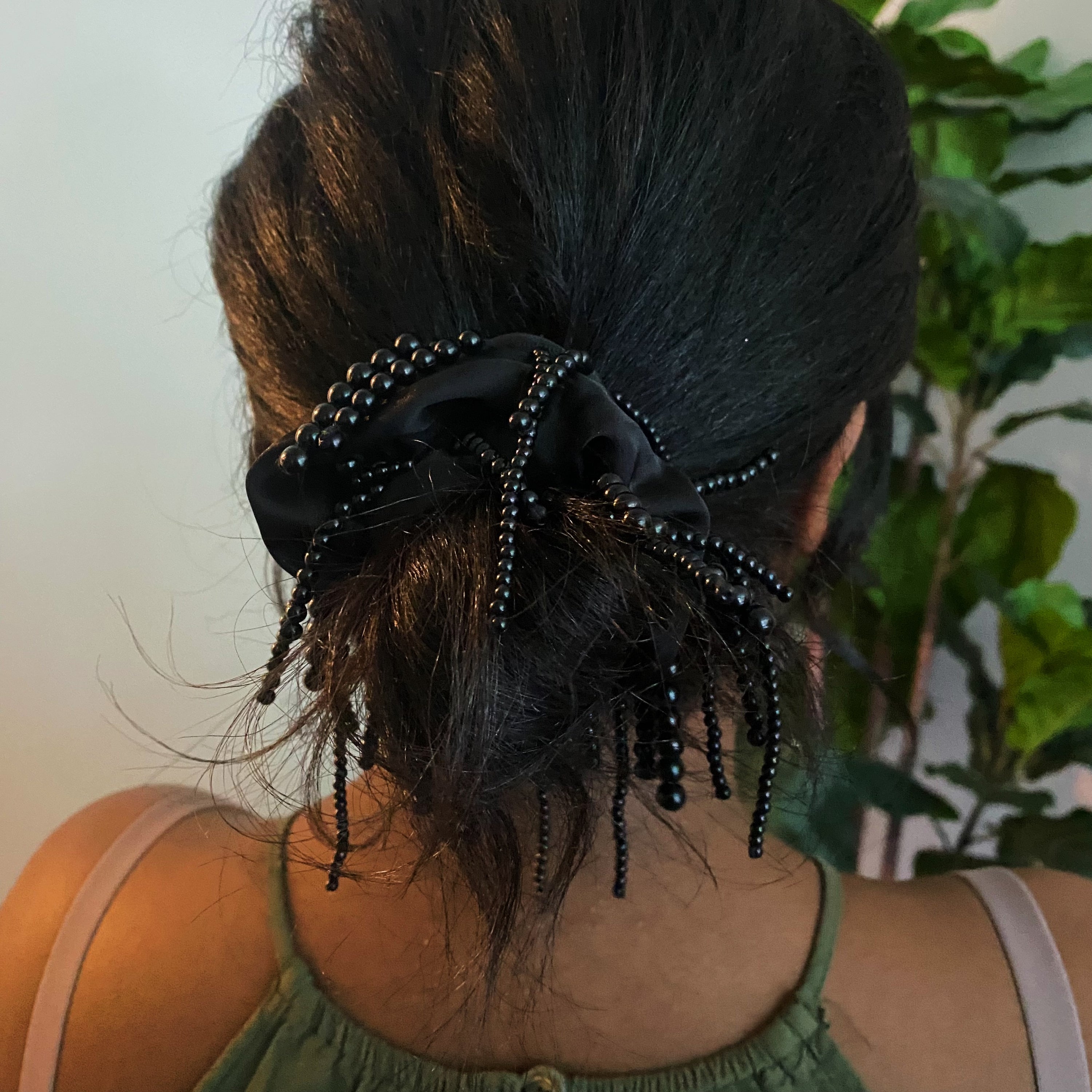 Fringed By Hand Hair Scrunch featuring pearl and bead details in elegant satin material.