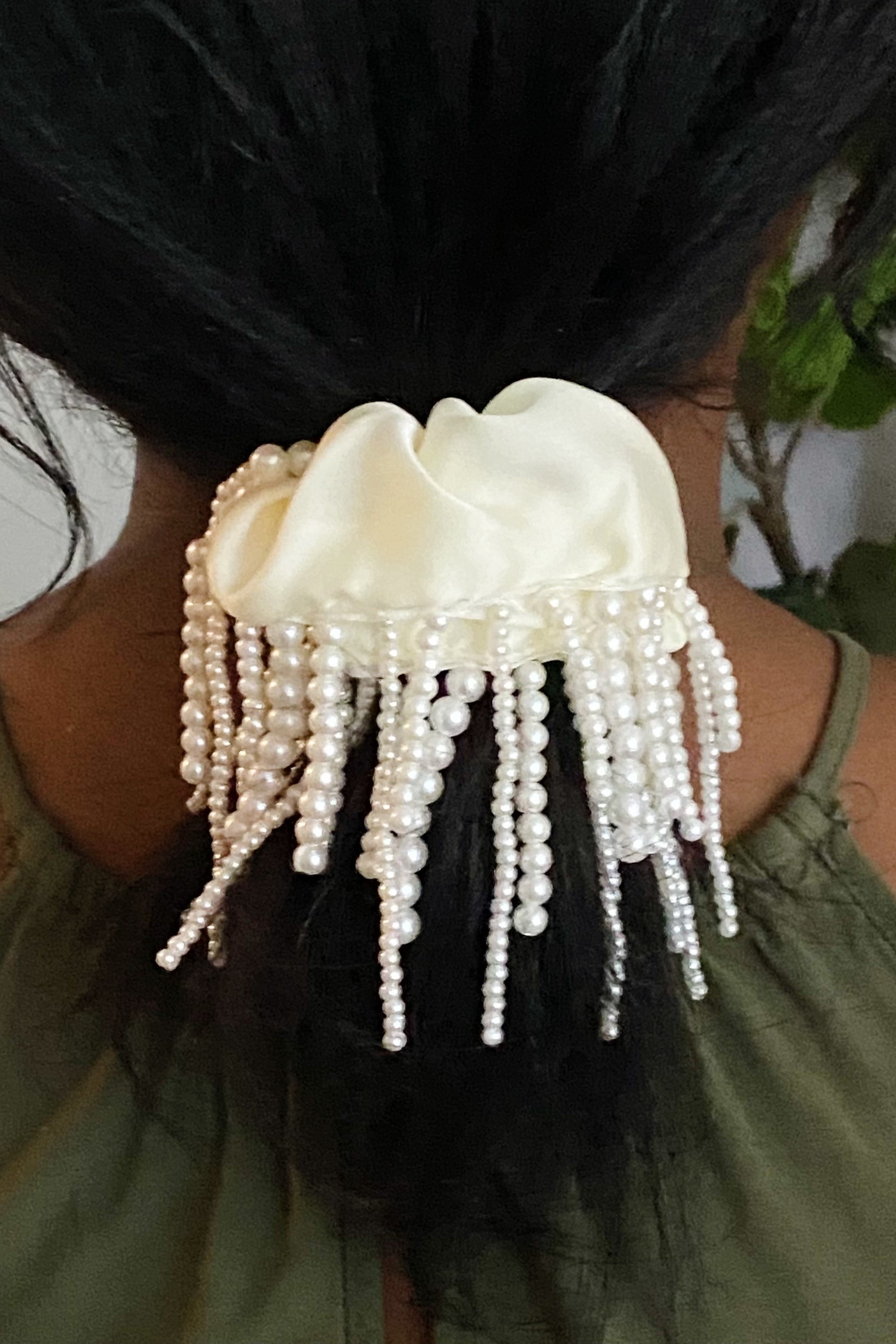 Fringed By Hand Hair Scrunch featuring pearl and bead details in elegant satin material.