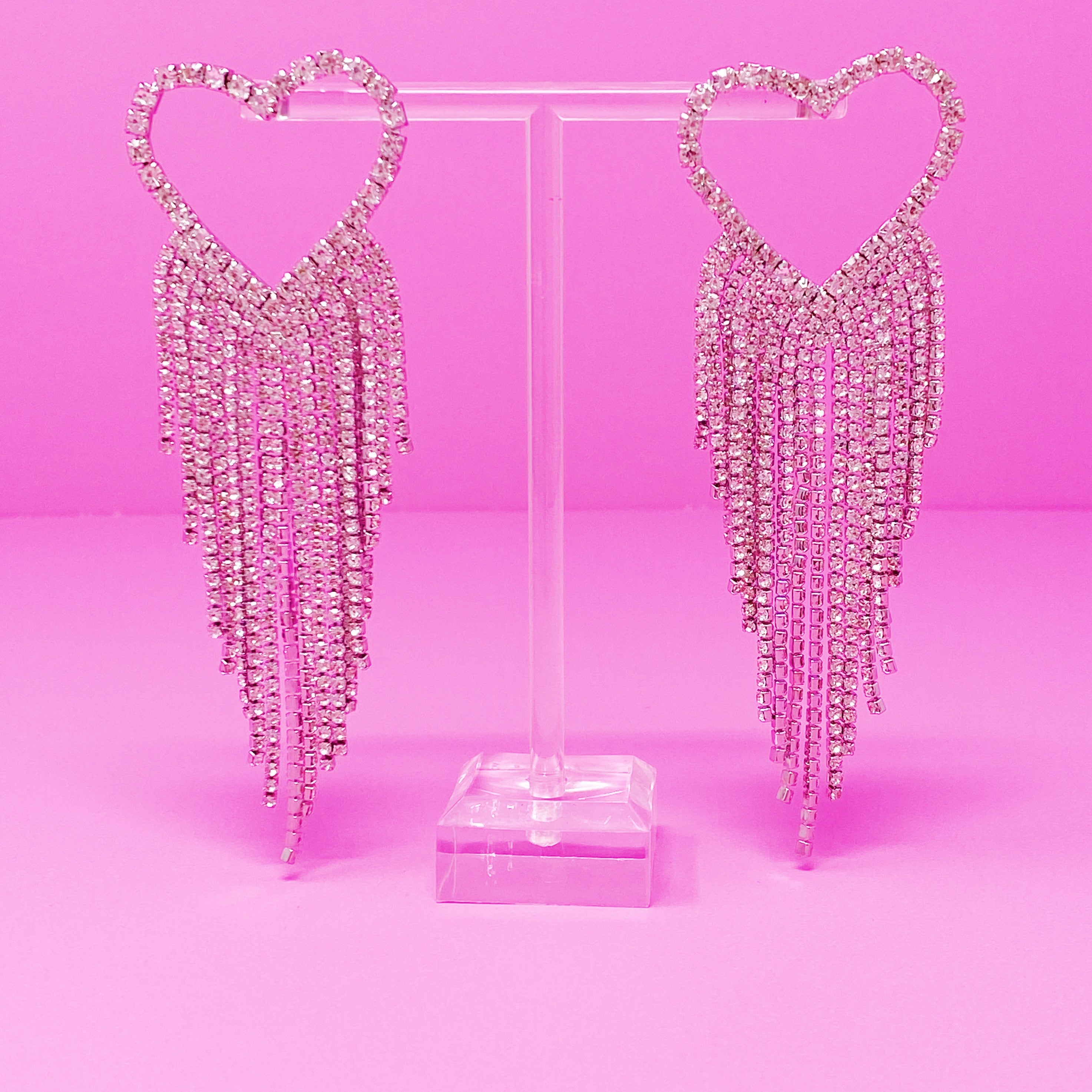 Fringed Shine Heart Earrings with cascading shiny fringes and glass diamond bead accents, showcasing a stylish heart design.