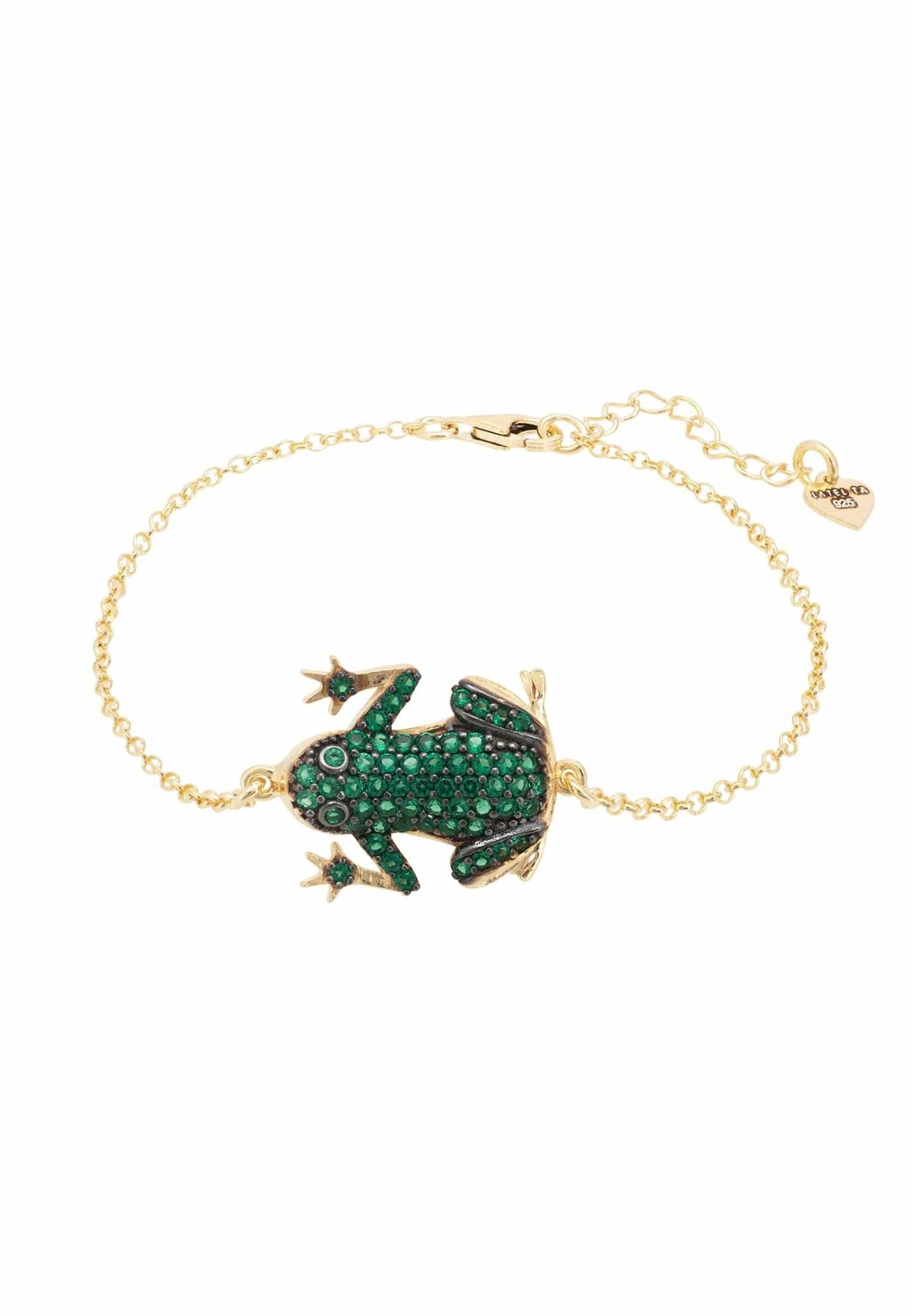 Gold Frog Prince Bracelet featuring a detailed frog design with emerald cubic zirconia, elegantly crafted from sterling silver and gold plating.