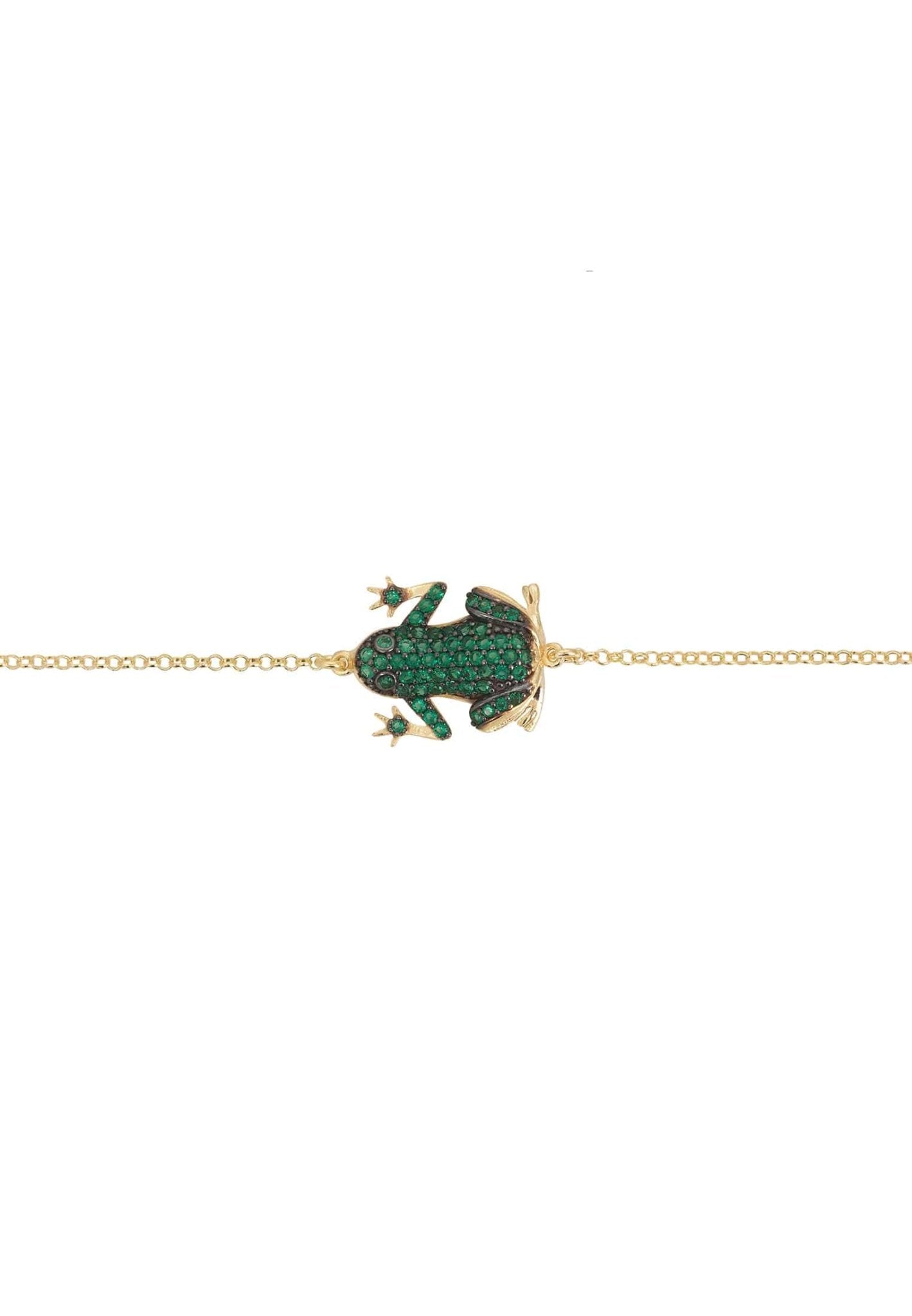 Gold Frog Prince Bracelet featuring a detailed frog design with emerald cubic zirconia, elegantly crafted from sterling silver and gold plating.