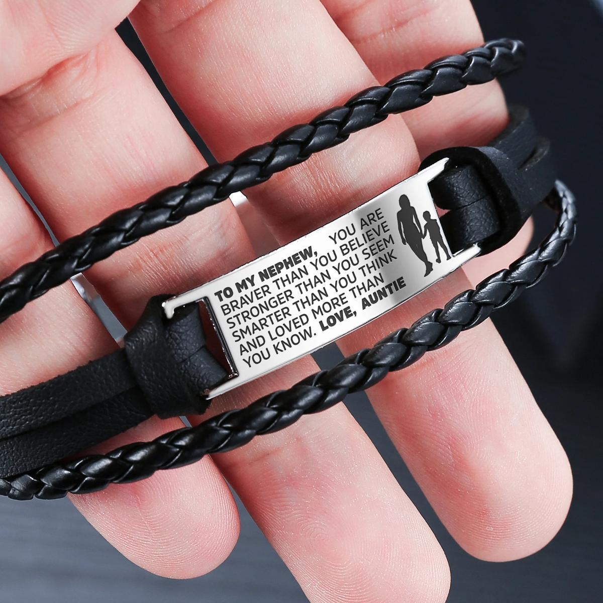 Auntie to Nephew engraved steel and leather bracelet, featuring a heartfelt message and stylish design.