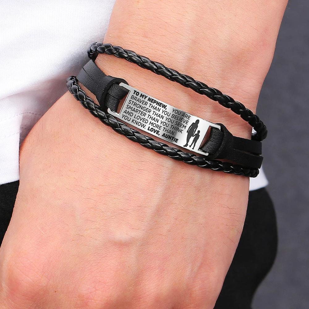 Auntie to Nephew engraved steel and leather bracelet, featuring a heartfelt message and stylish design.