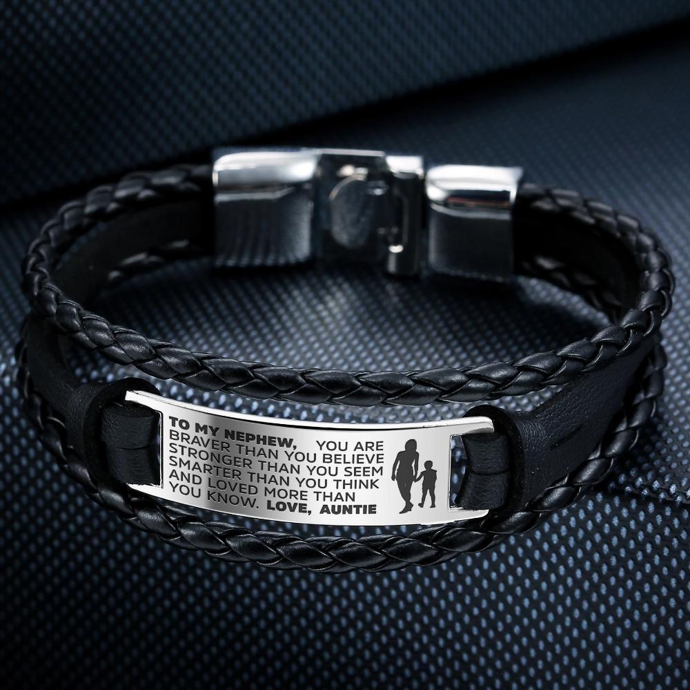 Auntie to Nephew engraved steel and leather bracelet, featuring a heartfelt message and stylish design.