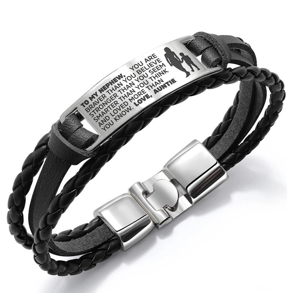 Auntie to Nephew engraved steel and leather bracelet, featuring a heartfelt message and stylish design.