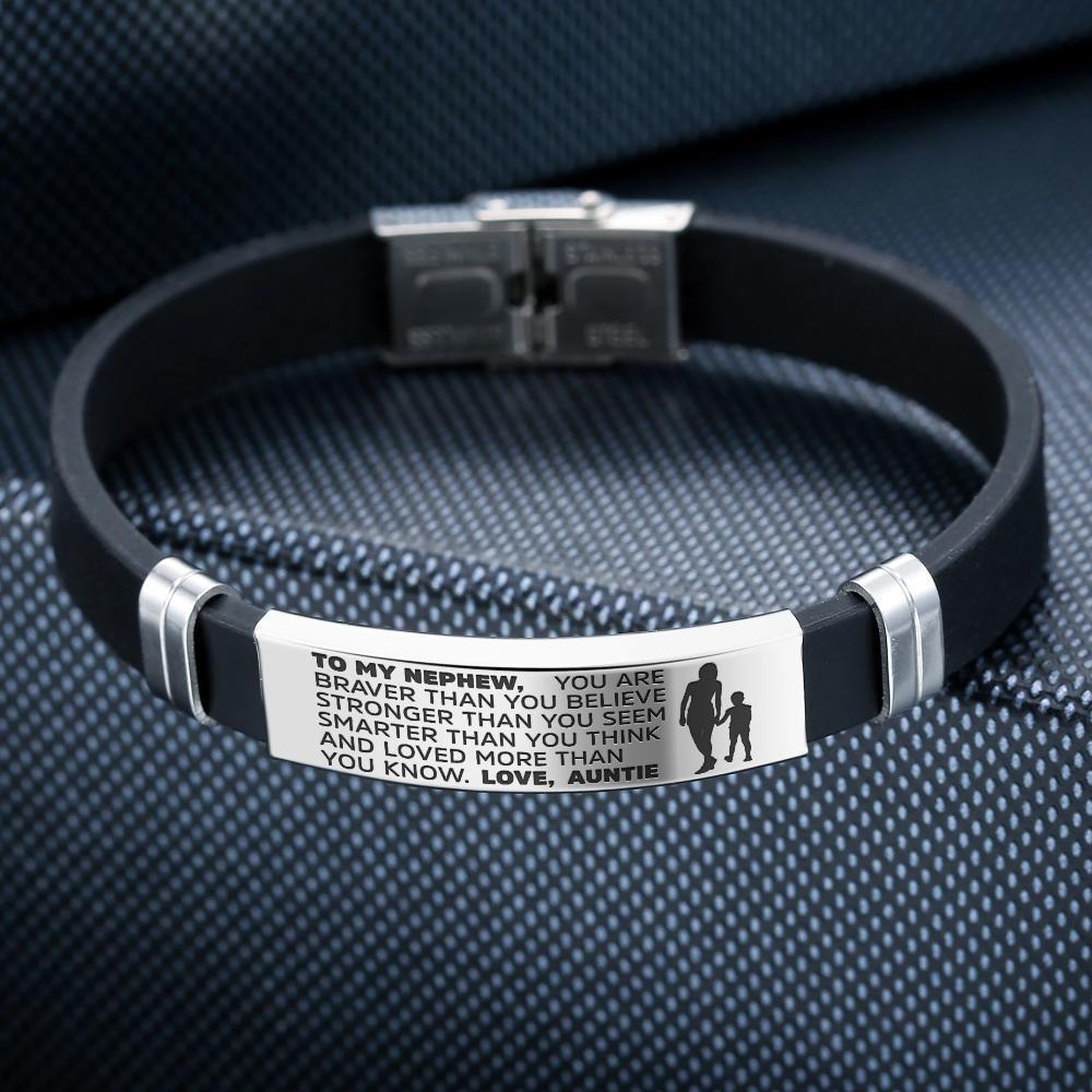 Auntie to Nephew engraved steel and silicone bracelet in silver and gold colors, showcasing a heartfelt message.