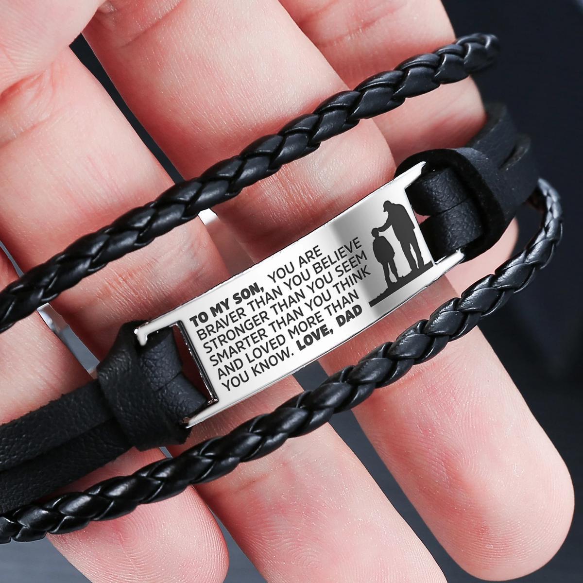 From Dad to Son Steel & Leather Style Bracelet featuring engraved message and durable materials.