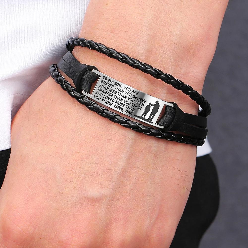 From Dad to Son Steel & Leather Style Bracelet featuring engraved message and durable materials.