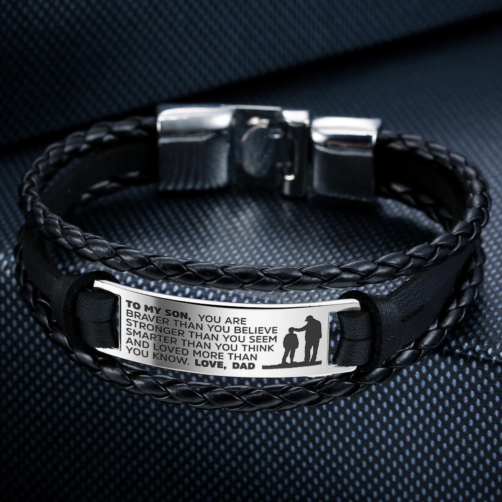 From Dad to Son Steel & Leather Style Bracelet featuring engraved message and durable materials.