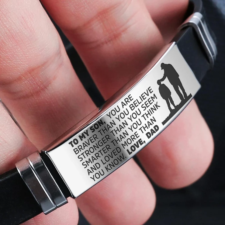 From Dad to Son Steel and Silicone Bracelet with engraved heartfelt message, showcasing its premium quality and elegant design.