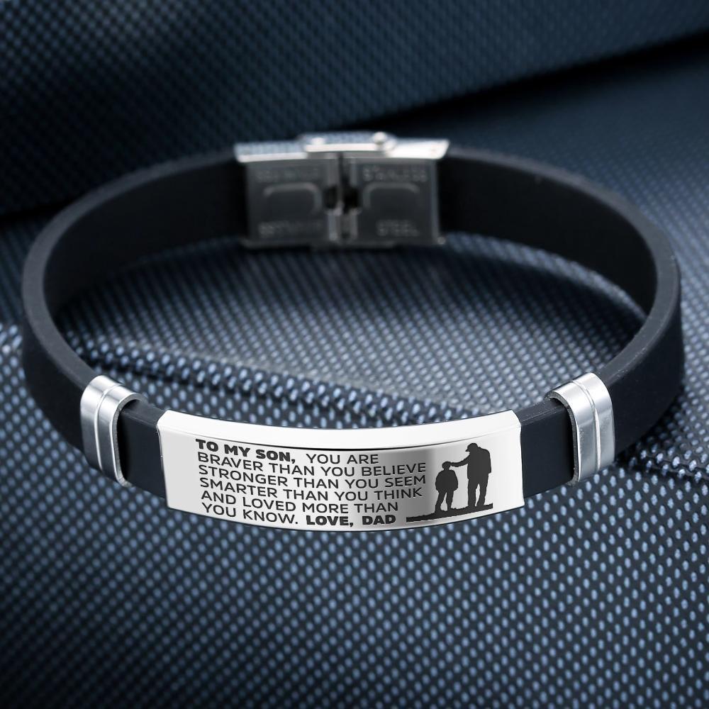 From Dad to Son Steel and Silicone Bracelet with engraved heartfelt message, showcasing its premium quality and elegant design.