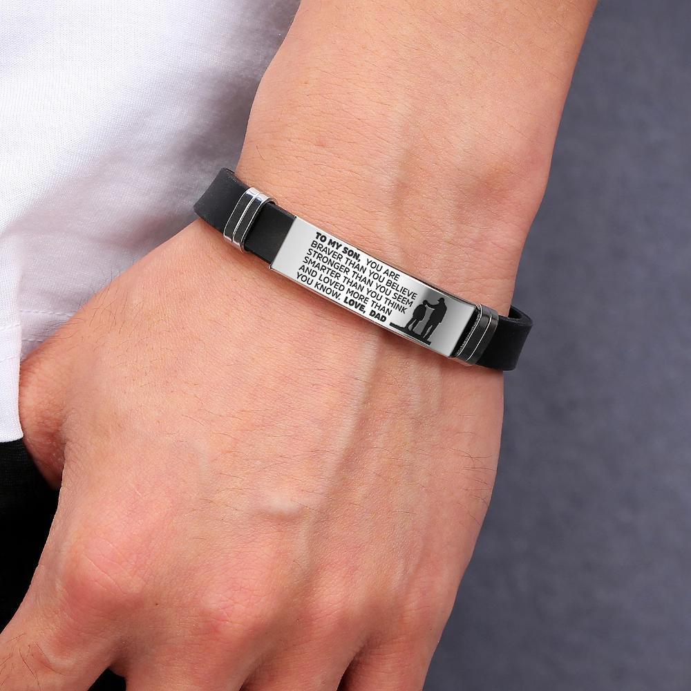 From Dad to Son Steel and Silicone Bracelet with engraved heartfelt message, showcasing its premium quality and elegant design.