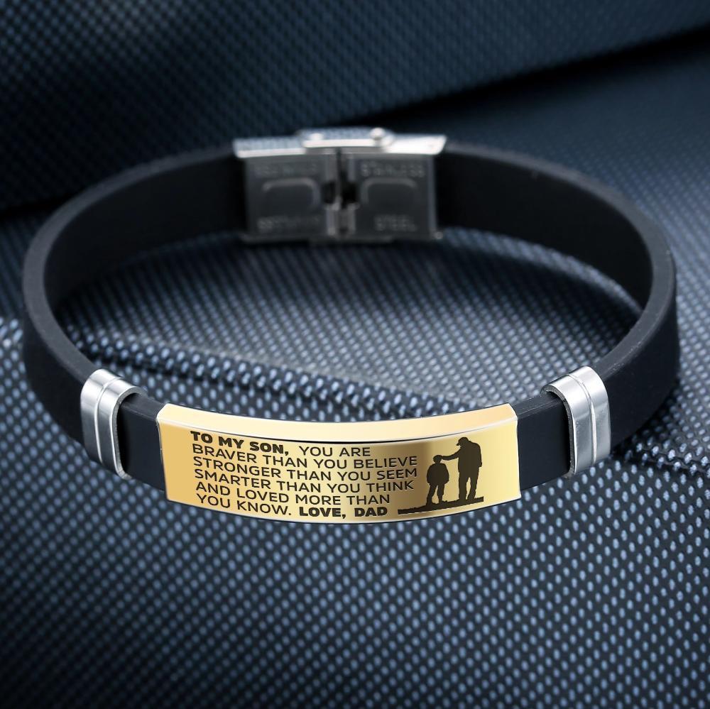 From Dad to Son Steel and Silicone Bracelet with engraved heartfelt message, showcasing its premium quality and elegant design.