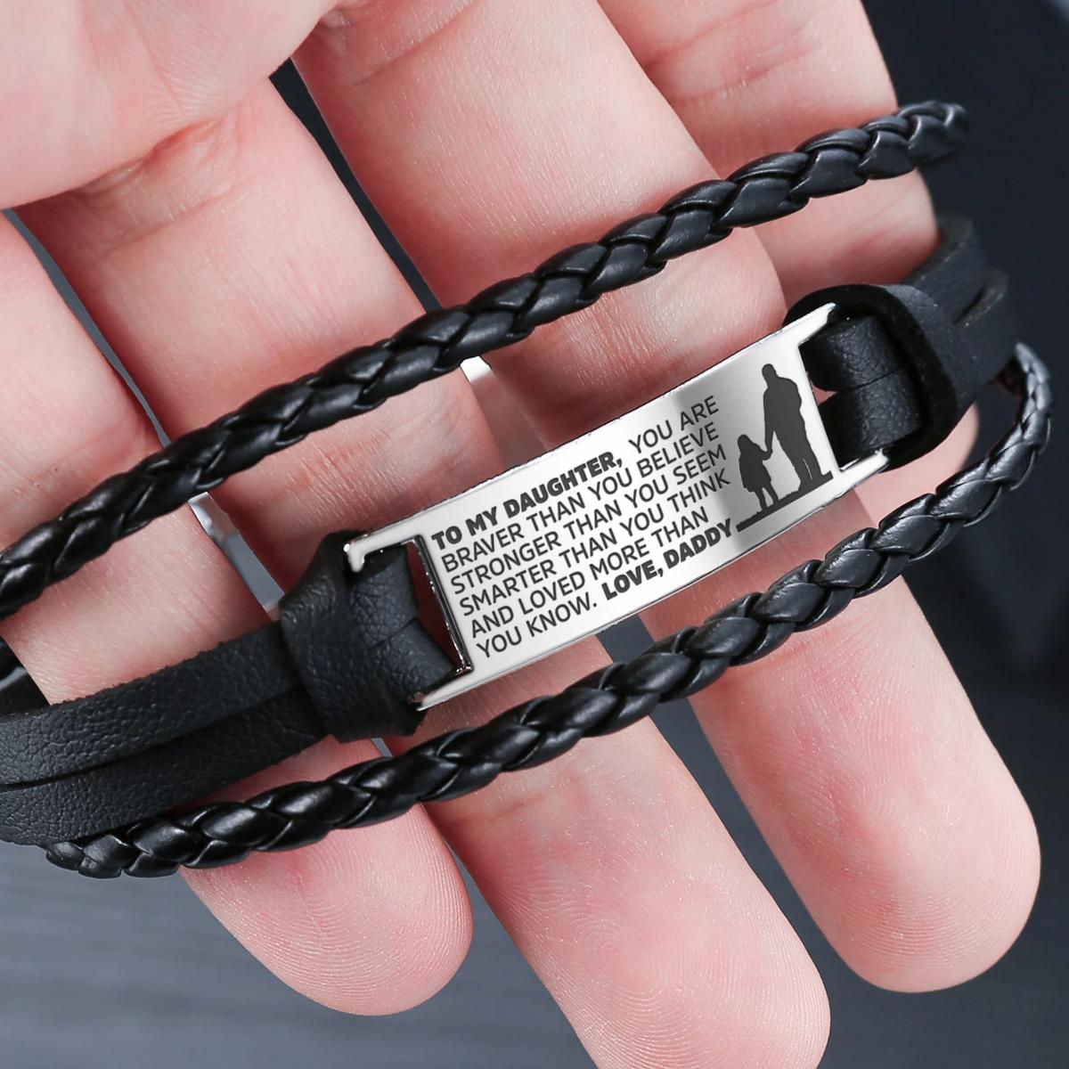 From Daddy to Daughter bracelet featuring steel and leather with engraved heartfelt message.