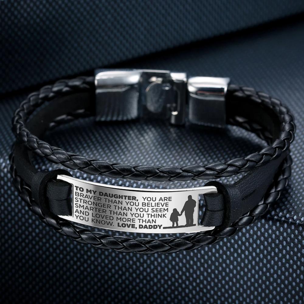 From Daddy to Daughter bracelet featuring steel and leather with engraved heartfelt message.