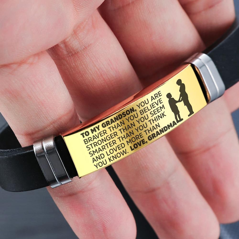 A stylish steel and silicone bracelet engraved with a heartfelt message from Grandma to Grandson, showcasing its premium quality and design.