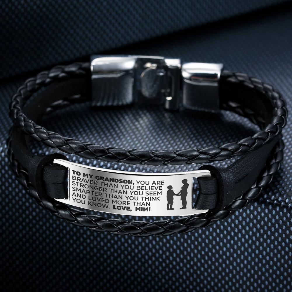 From Mimi to Grandson engraved steel and leather bracelet with a heartfelt message, showcasing its premium quality and elegant design.