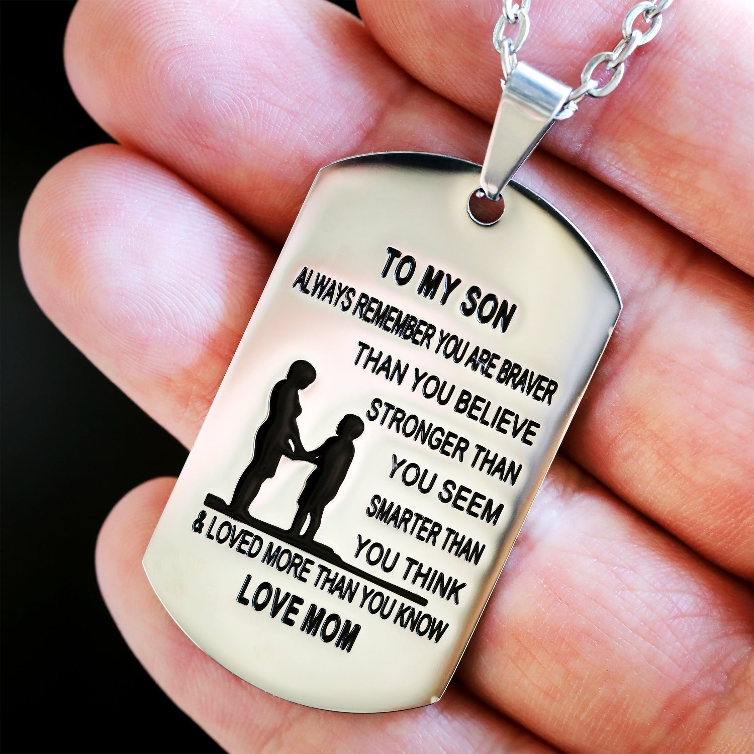 From Mom to Son Stainless Steel Dog Tag Necklace with deep engraved design and black enamel inlay on a sturdy chain.