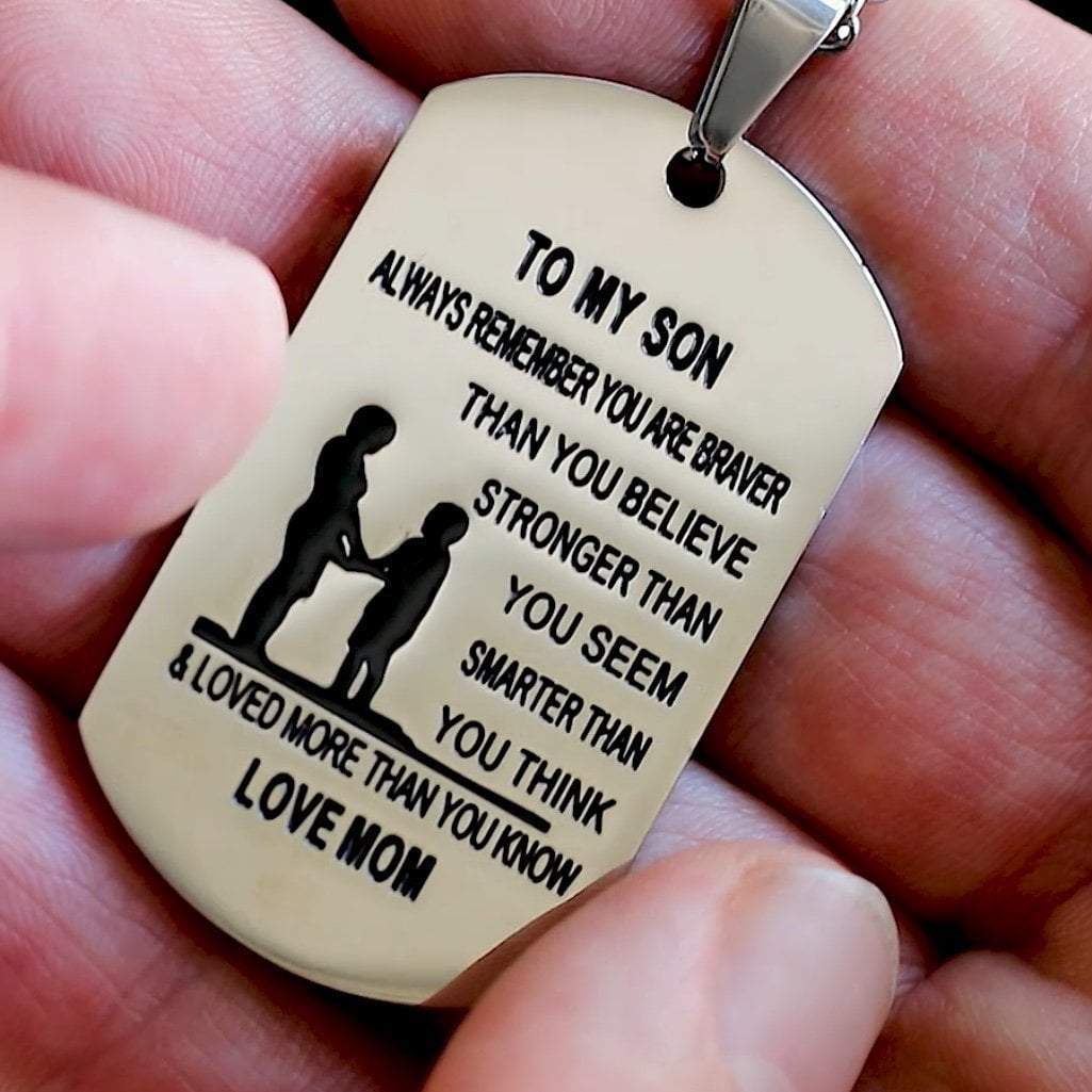 From Mom to Son Stainless Steel Dog Tag Necklace with deep engraved design and black enamel inlay on a sturdy chain.