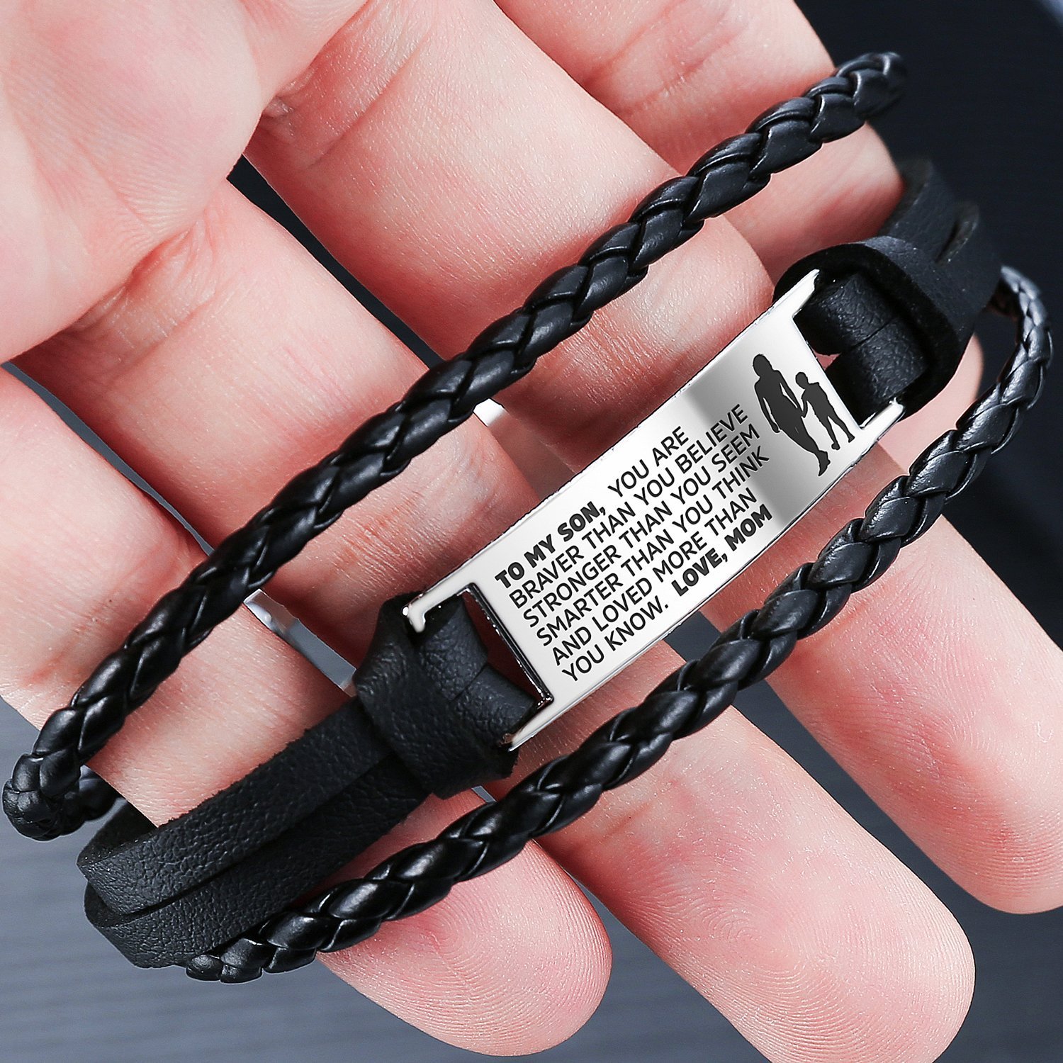 From Mom to Son Steel & Leather Style Bracelet featuring engraved message and faux leather strap.