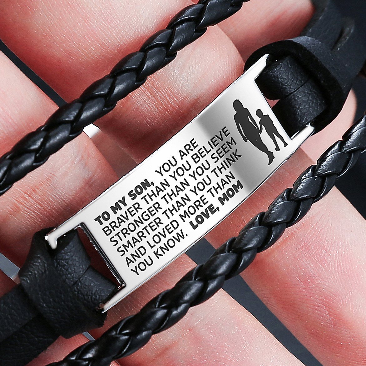 From Mom to Son Steel & Leather Style Bracelet featuring engraved message and faux leather strap.