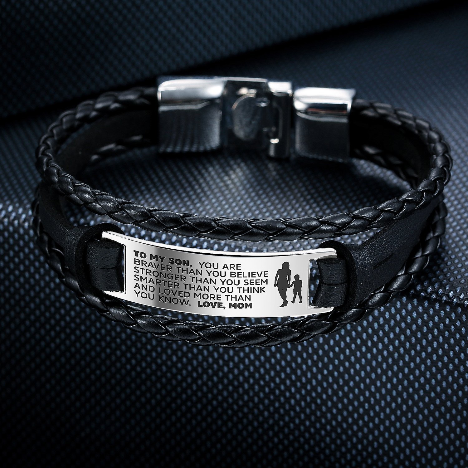 From Mom to Son Steel & Leather Style Bracelet featuring engraved message and faux leather strap.