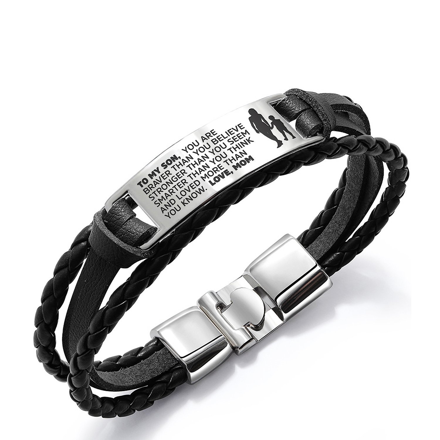 From Mom to Son Steel & Leather Style Bracelet featuring engraved message and faux leather strap.