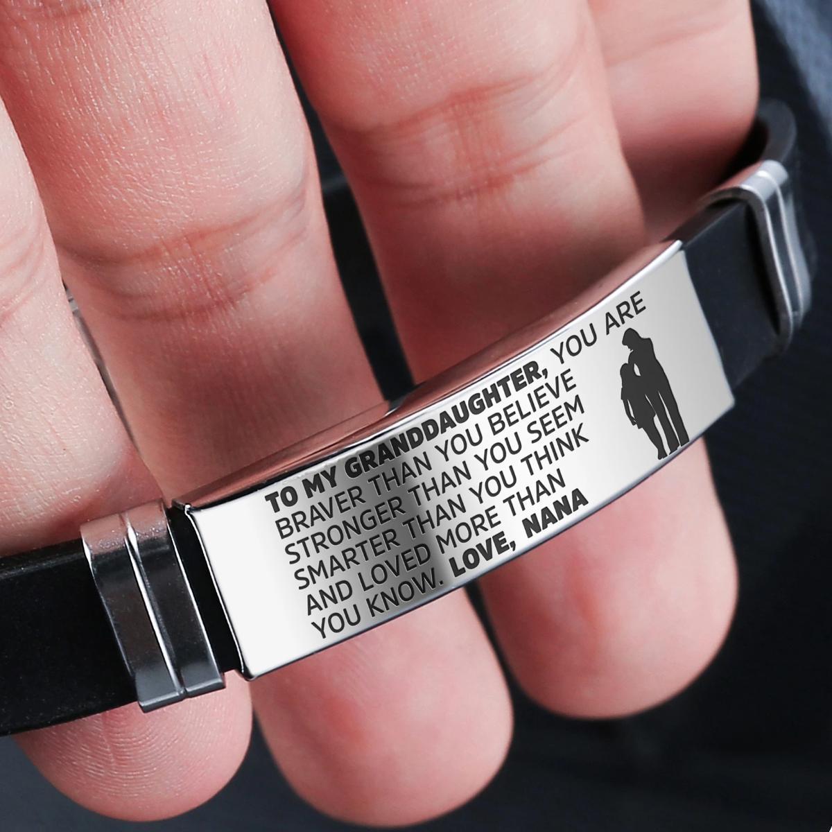 A beautiful Nana to Granddaughter bracelet made of stainless steel and silicone, featuring an engraved heartfelt message.